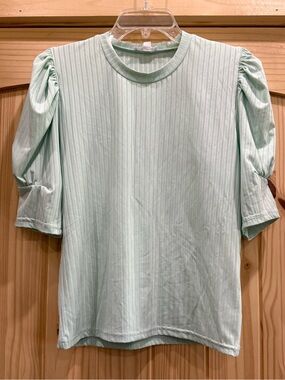 Anniewear Mint Green Puff Sleeve Ribbed Crewneck Top